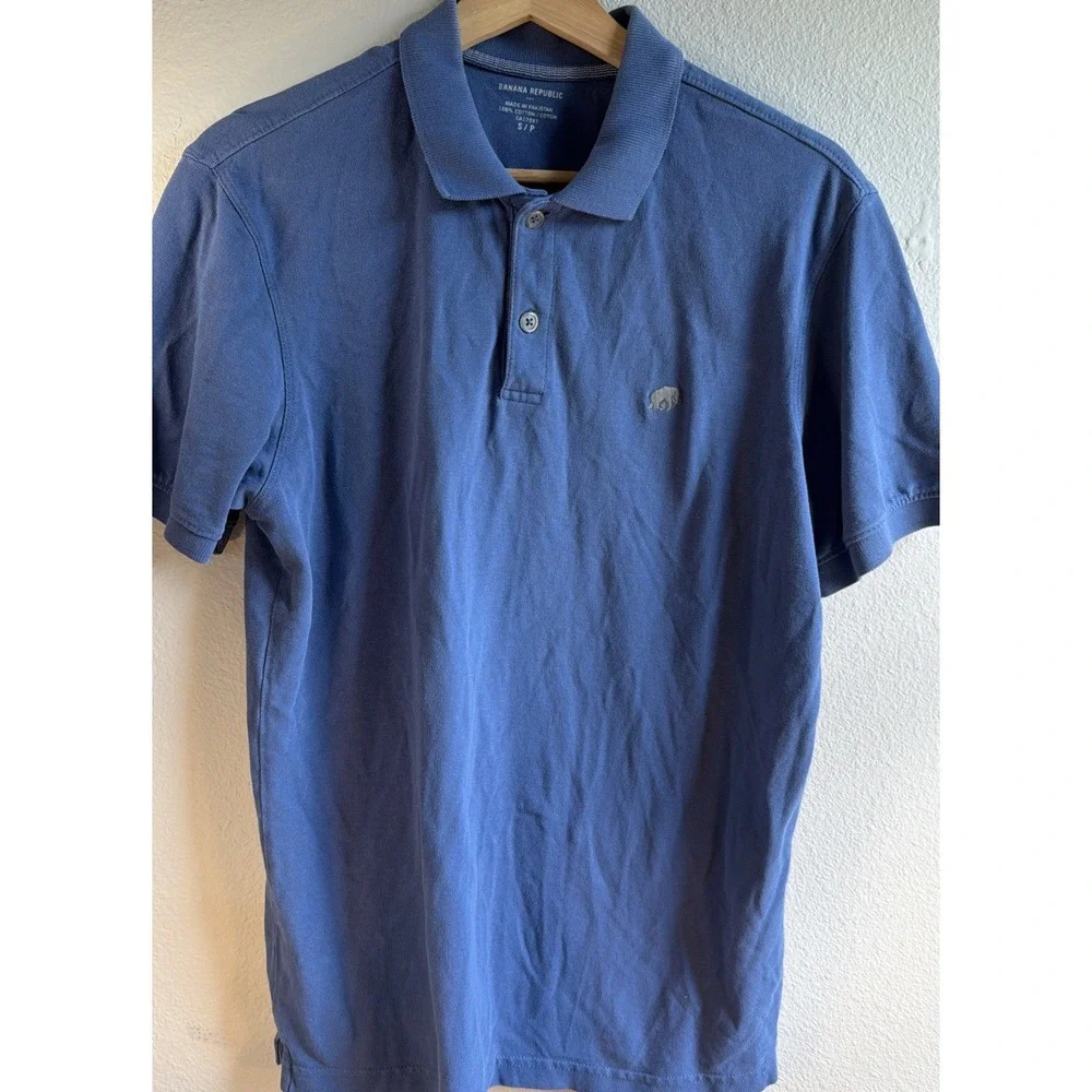 Banana Republic Mens Solid Blue Heritage Elephant Logo Pique Polo Shirt S